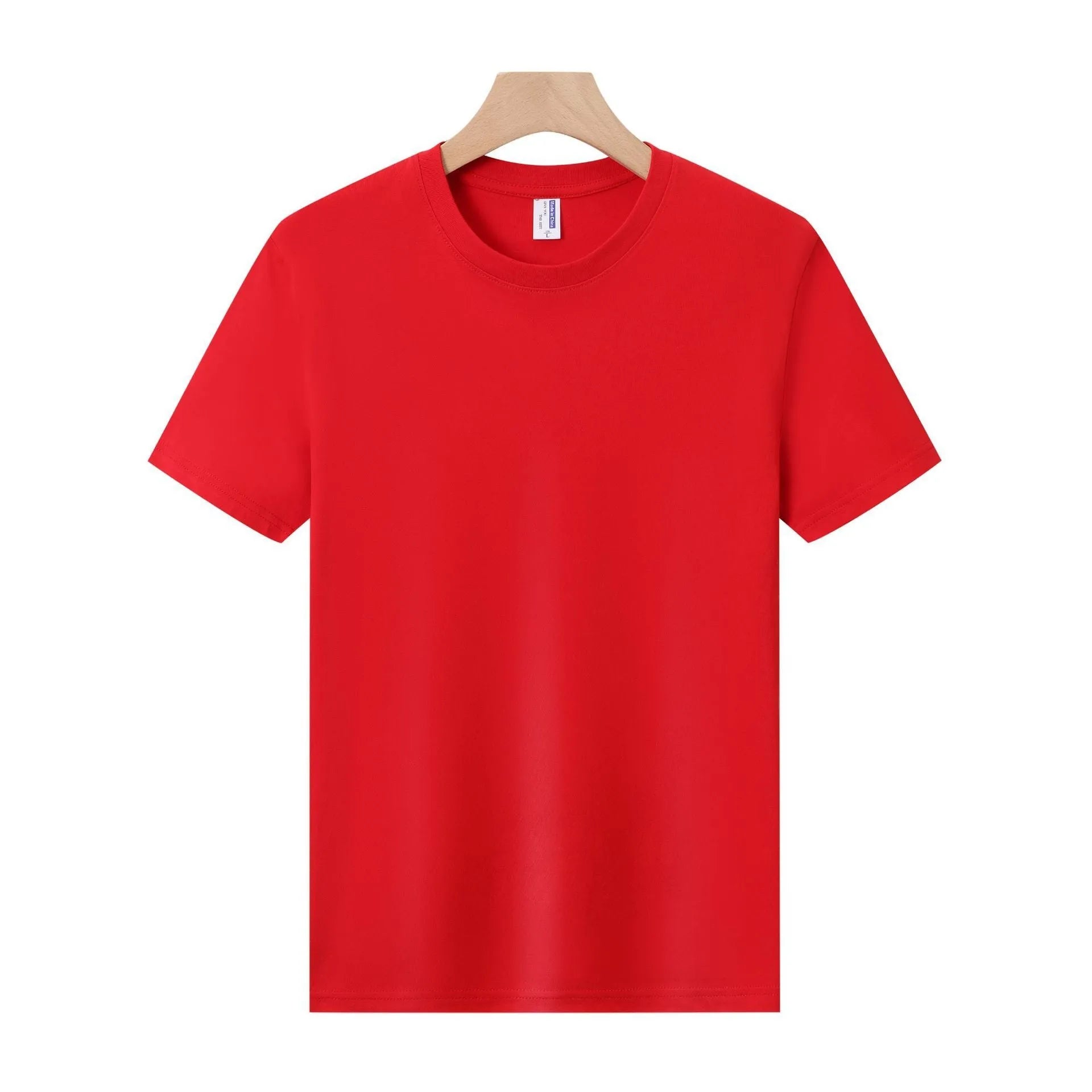 A loose-fit, thick cotton T-shirt in a solid colour, shown on a hanger.