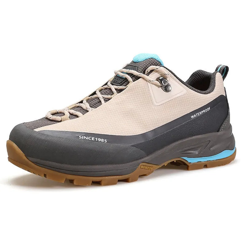 Men's low-top hiking boots in black with a rubber outsole and lace-up front.