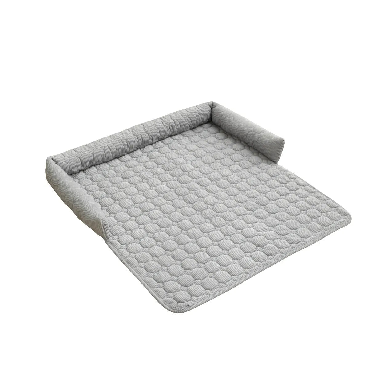 Corduroy pet dog cat bed blanket mat with neck pillow thick soft pad in beige color on a sofa