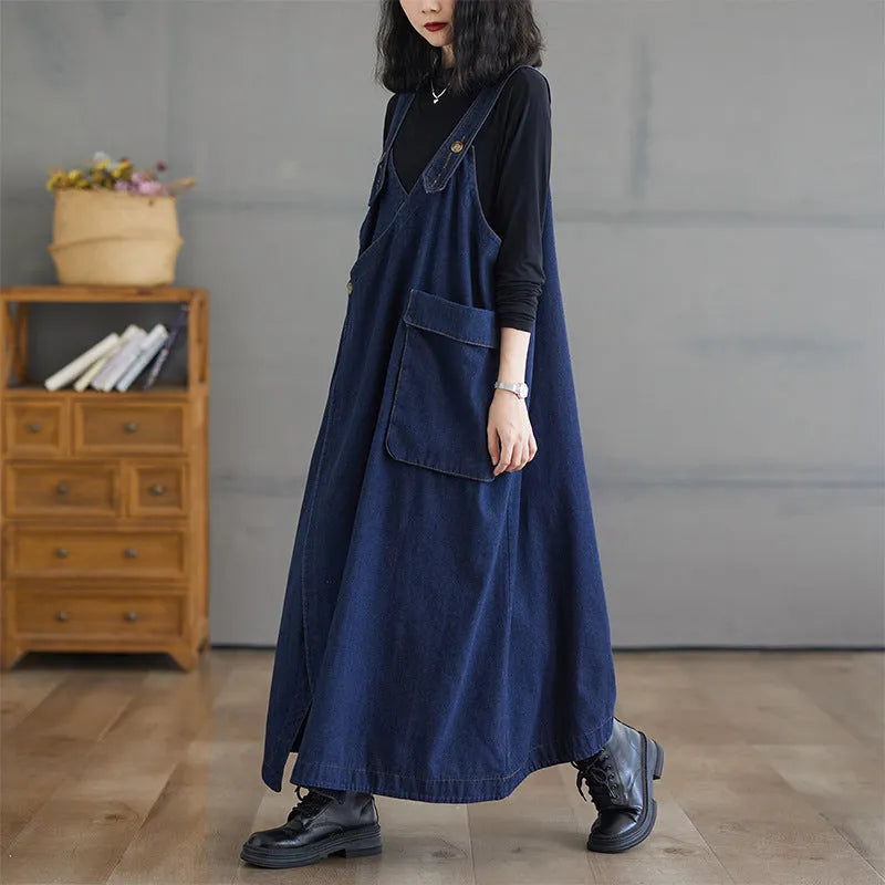 Blue loose fit denim suspender skirt for women in size L to XXXL
