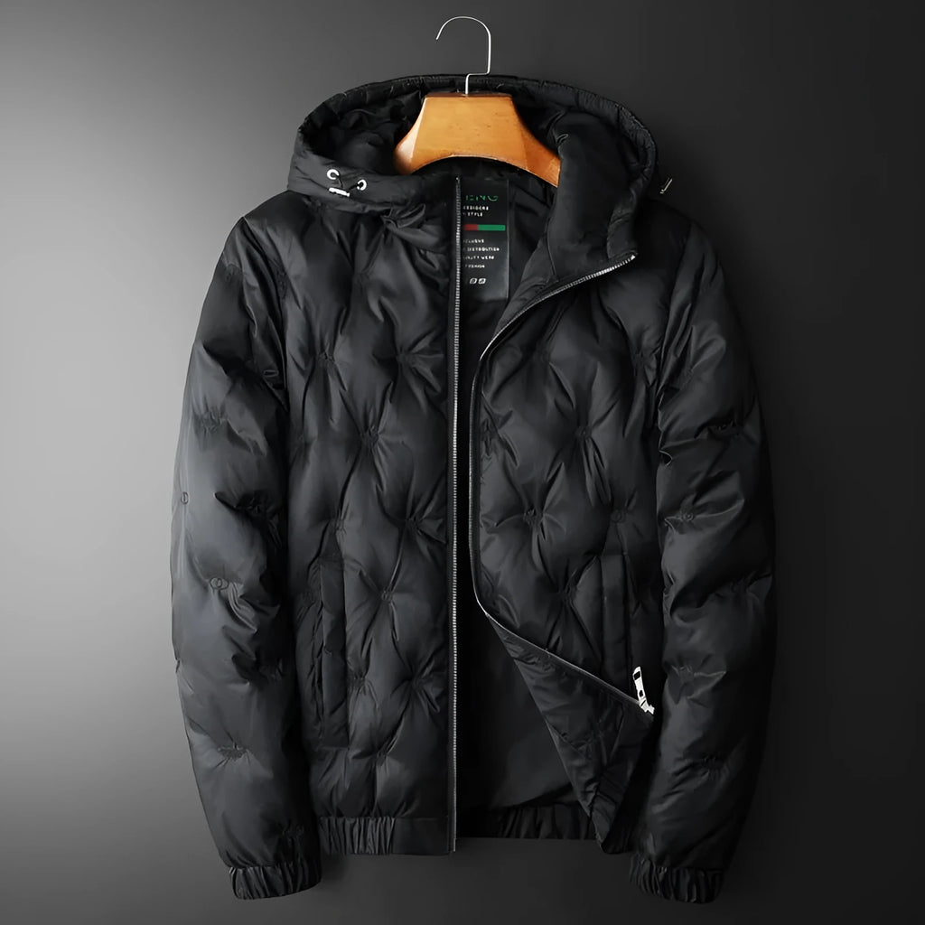 Men's plus size hooded down jacket in black with embroidered detail, winter casual Korean style coat for larger builds
