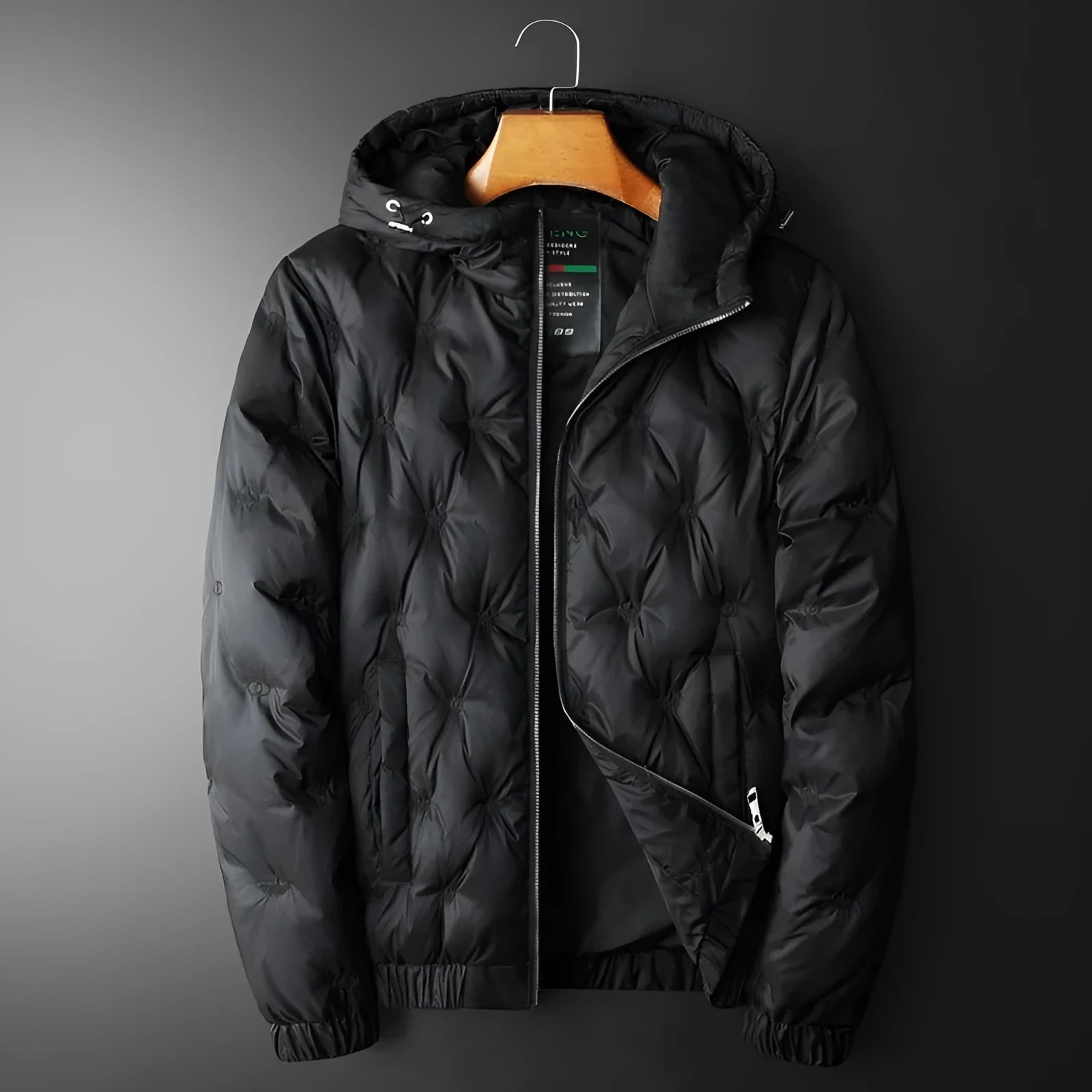 Men's plus size hooded down jacket in black with embroidered detail, winter casual Korean style coat for larger builds