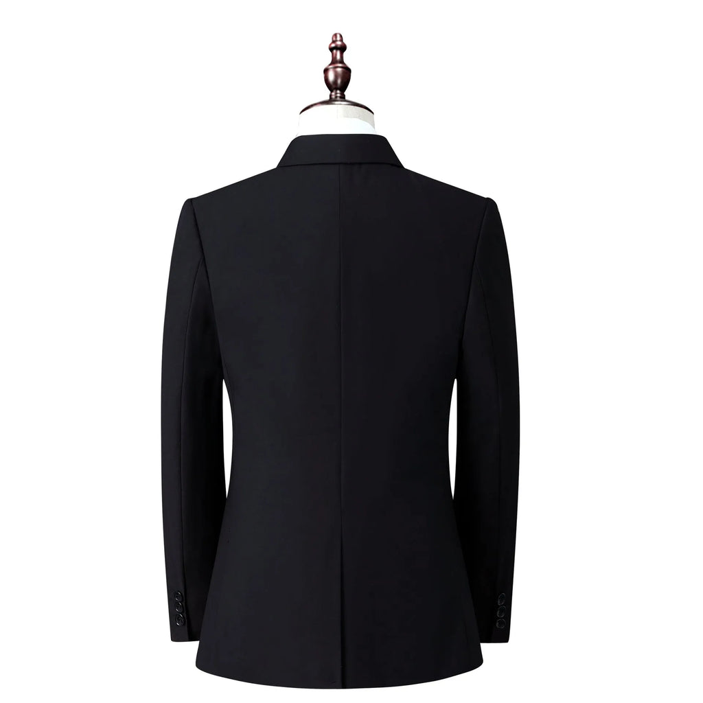 Men's slim fit business suit in black, coat and pants set, formal wear with adhesive interlining construction