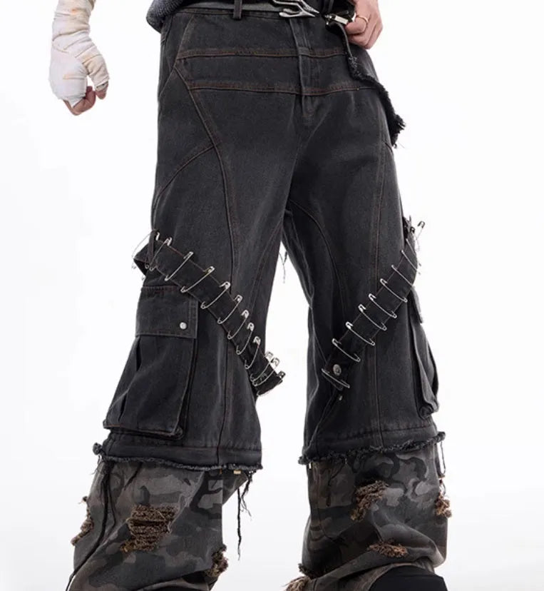 Men's grey camouflage pattern splicing jeans with pin detailing and ribbon accents on cotton denim