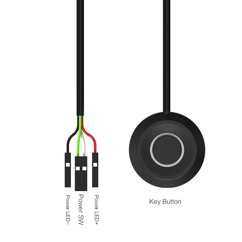Computer external power supply with start lengthened button in black, white, yellow, green colours and magnetic or wireless switch options