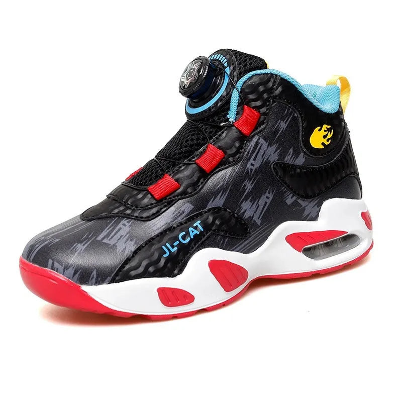 Children's rotating button basketball shoes in synthetic leather with waterproof feature