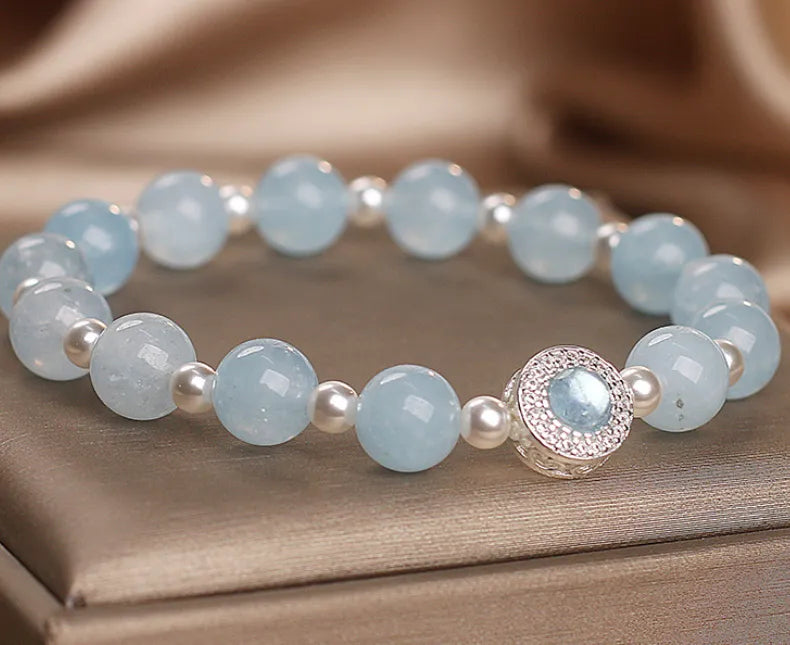 Natural aquamarine crystal bracelet for women in sky blue light luxury minority style