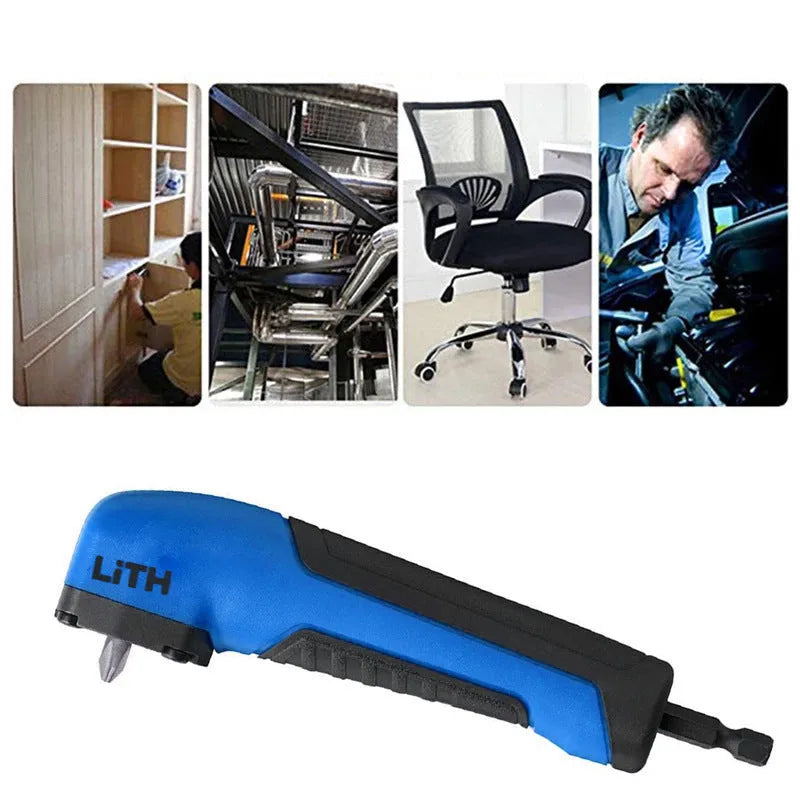 Multifunctional tool screwdriver with strong corner device, adapter, and sleeve frame attachment, 155x30 mm, blue right angle model