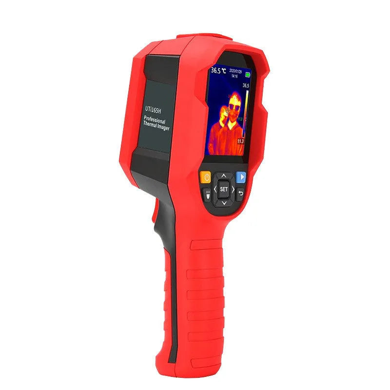 UTi series handheld infrared thermal imager on a workbench with screen displaying a thermal image.