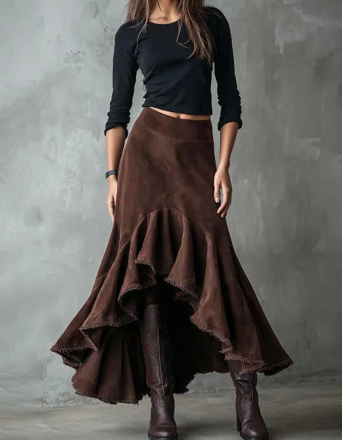 Western brown polyester maxi skirt with high-low hemline and ruffle trim detail
