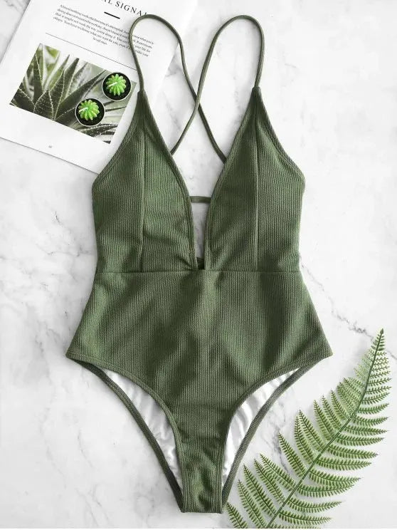 Women's one-piece swimsuit, solid colour backless lace-up design, black or olive green, sizes S to XL