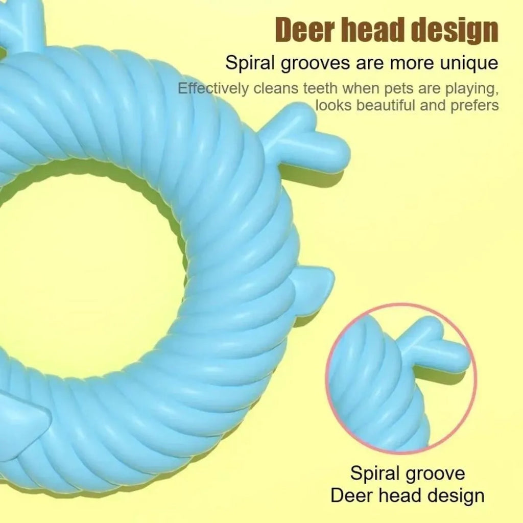 Deer-shaped TPR dog chew toy in light blue with spiral groove design for teeth cleaning.