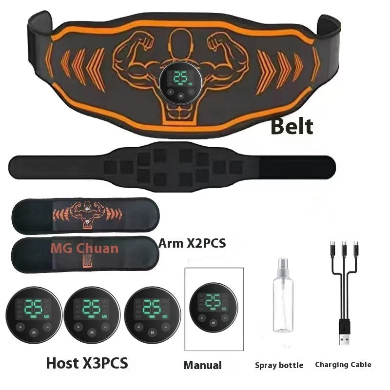 Blue and orange smart EMS massage belt kits with rechargeable host, adjustable strap, and arm muscle pads