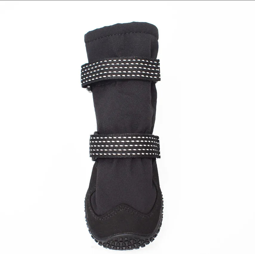 Winter warm dog boots with thickened long velvet lining, black, set of two boots on grey background