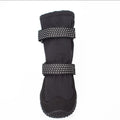 Winter warm dog boots with thickened long velvet lining, black, set of two boots on grey background