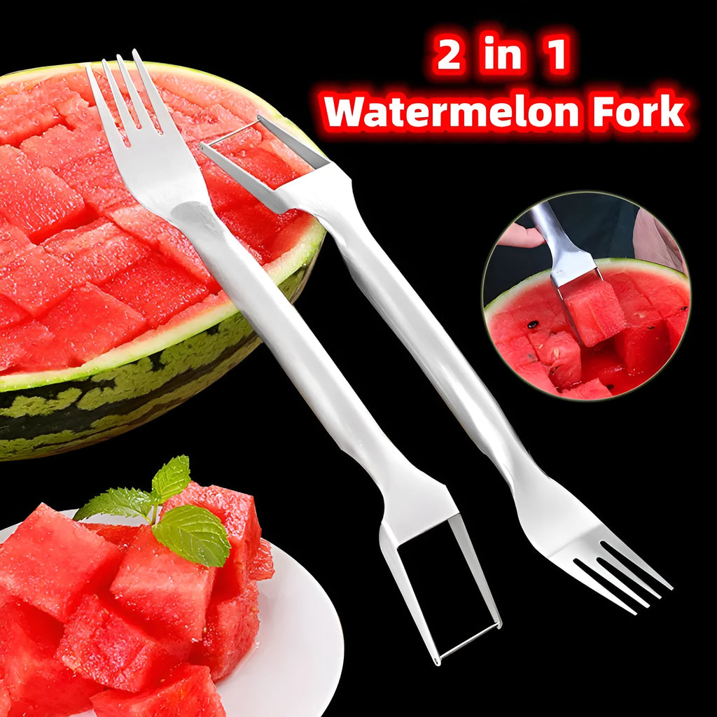 2-in-1 watermelon fork slicer made of 304 stainless steel, 26 cm long, with rounded fork head and lengthened handle