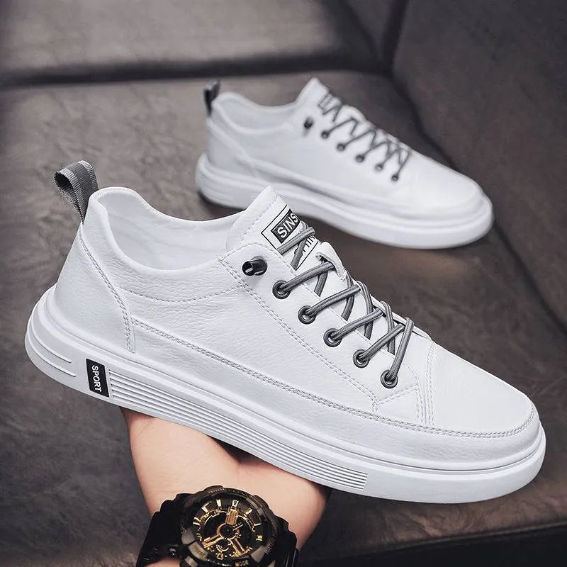Men's casual white PU flat shoes with round toe and low heel slip-on design