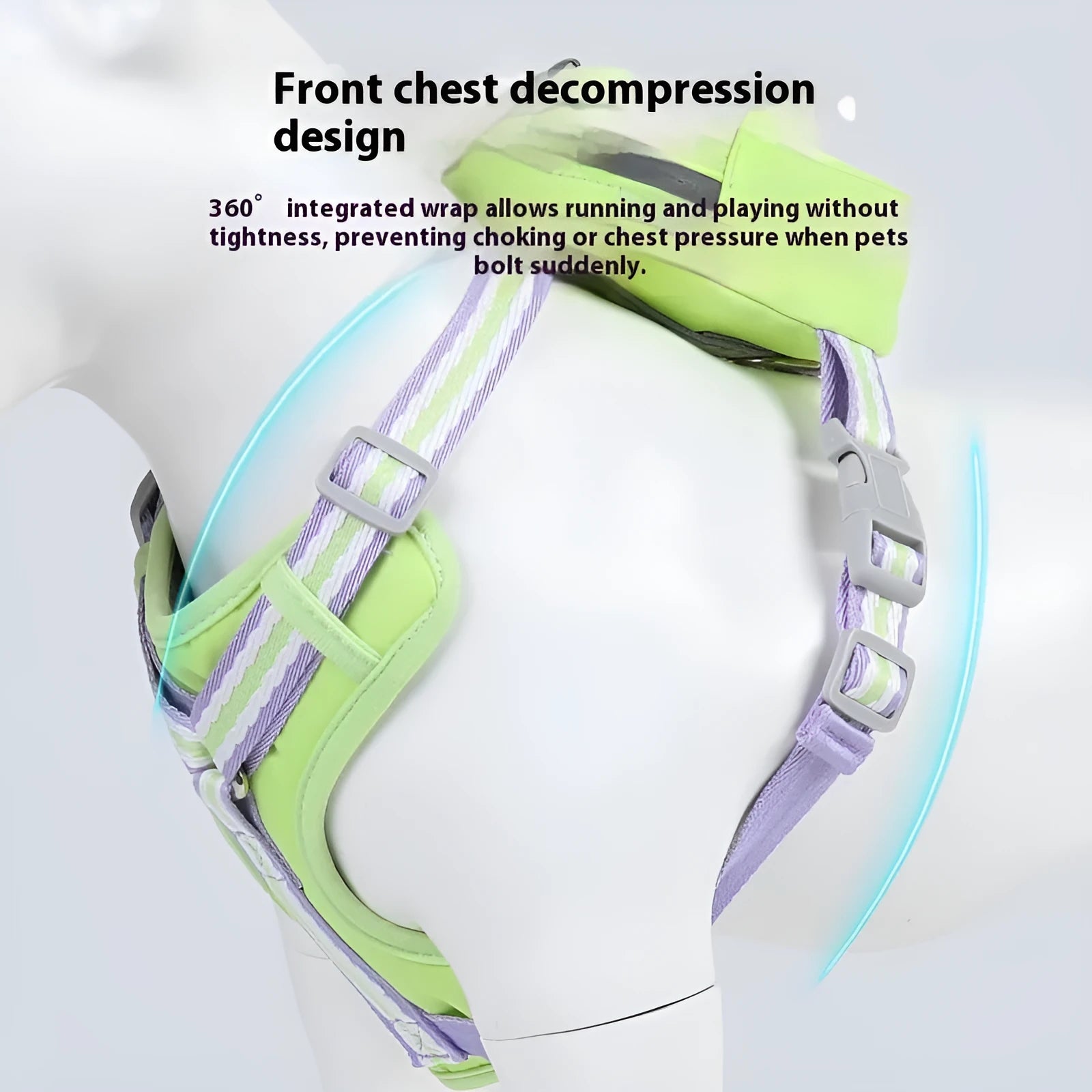 Pink explosion-proof dog harness with quick-release buckle and adjustable straps on a dog, with a 1.5m lead attached.