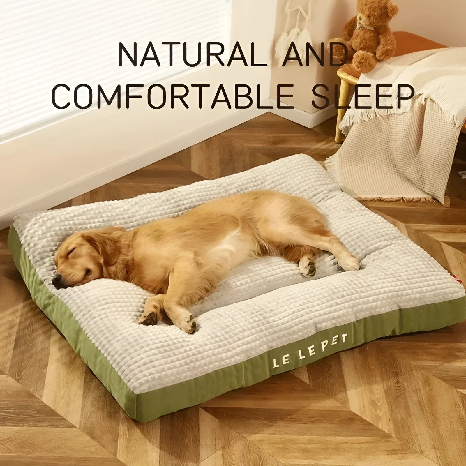 Soft fleece dog bed with a detachable blanket in green, shown in an XL size.