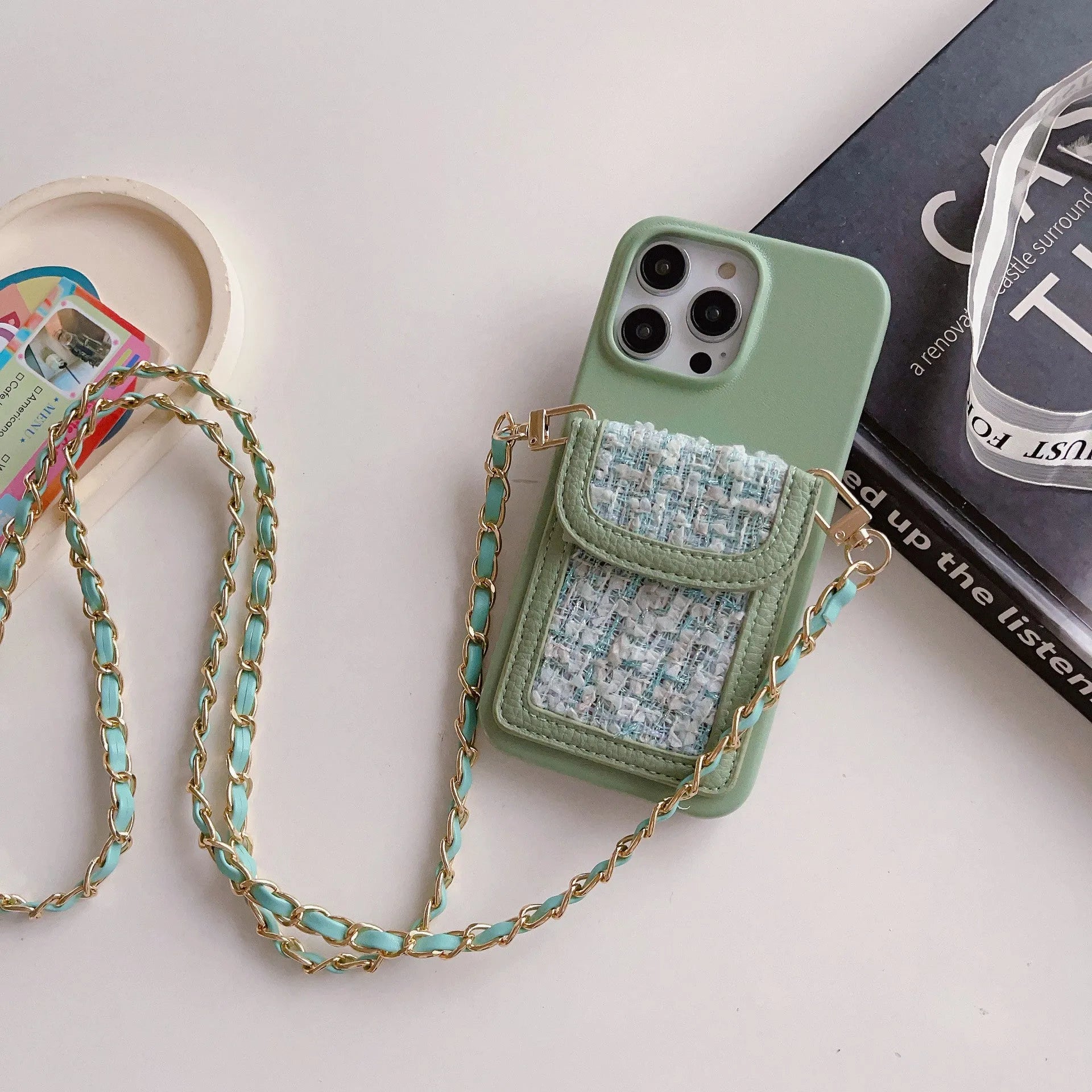 PU leather crossbody chain card holder phone case for iPhone, woven pattern, frosted finish, black colour option