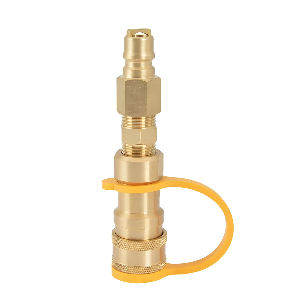 Gold-coloured brass 3/8 inch gas propane charging connector with American standard threads