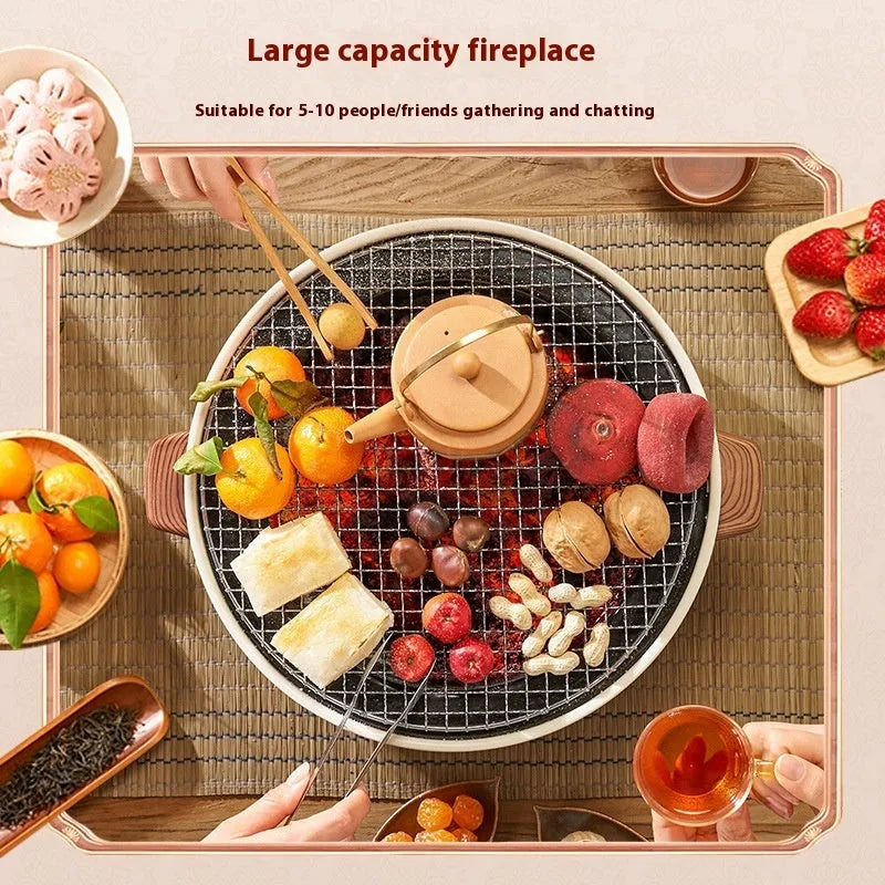 Modern indoor portable charcoal cooking stove with a detachable circular grill rack on top.