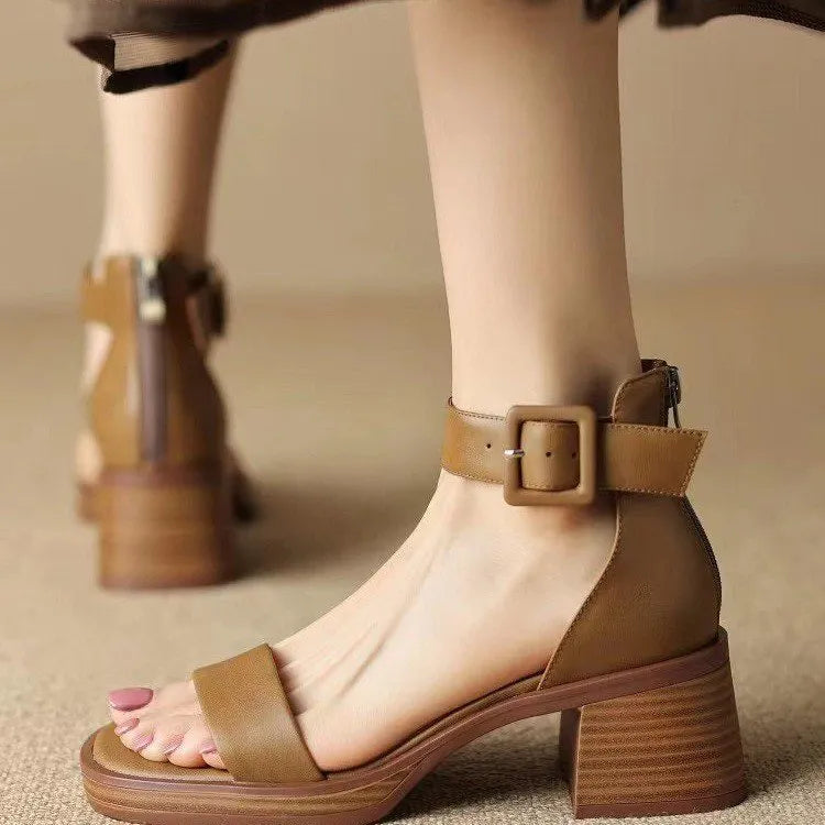 White retro ankle-strap platform heels for women with round toe design