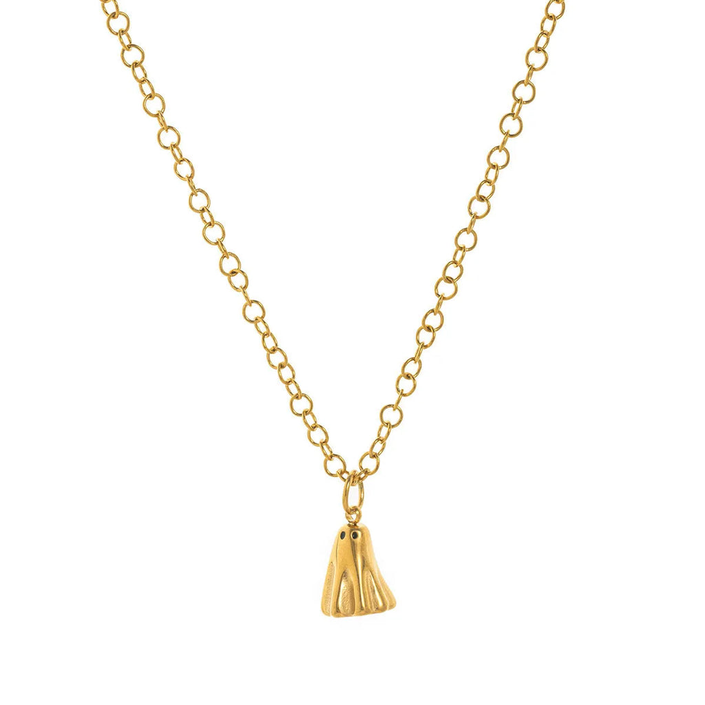 Ghost pendant necklace on a stainless steel chain, with options for Cable, Figaro, or Mini Staple chain styles.