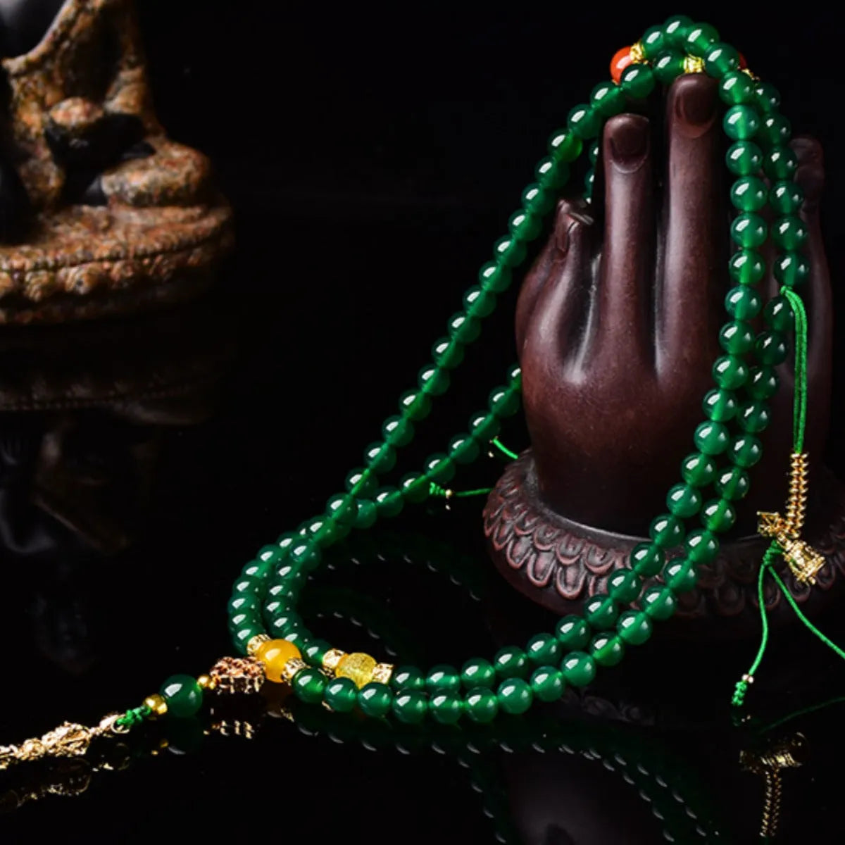 Natural green agate multi-circle bracelet for men and women on a wrist, showing different bead size options.