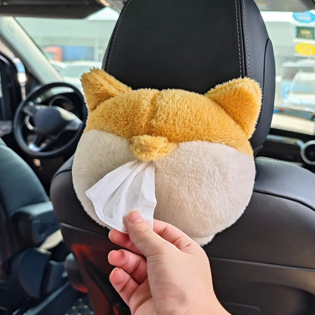 Yellow soft plush Corgi butt shaped tissue box cover for car sun visor and home