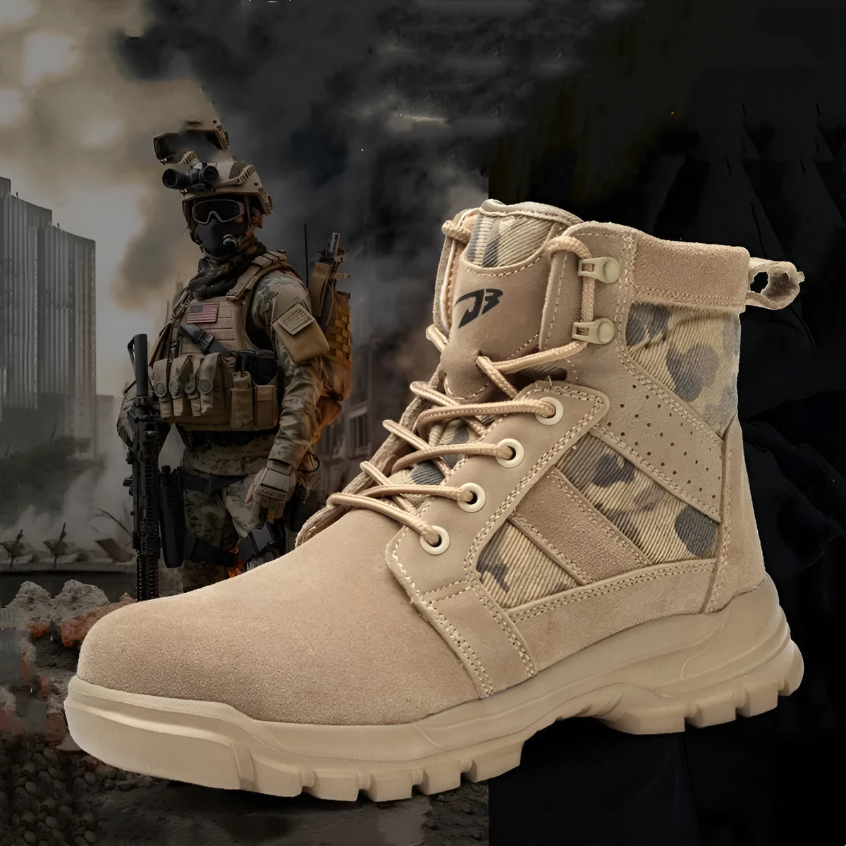 High ankle combat safety boots with steel toe, fly weave upper, EVA rubber sole, black or khaki