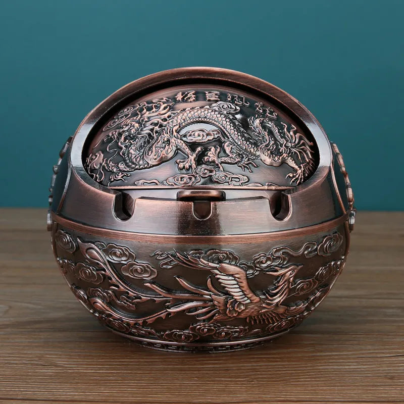 XL decorative alloy ashtray with smoke slot in bronze finish showing dragon and phoenix design