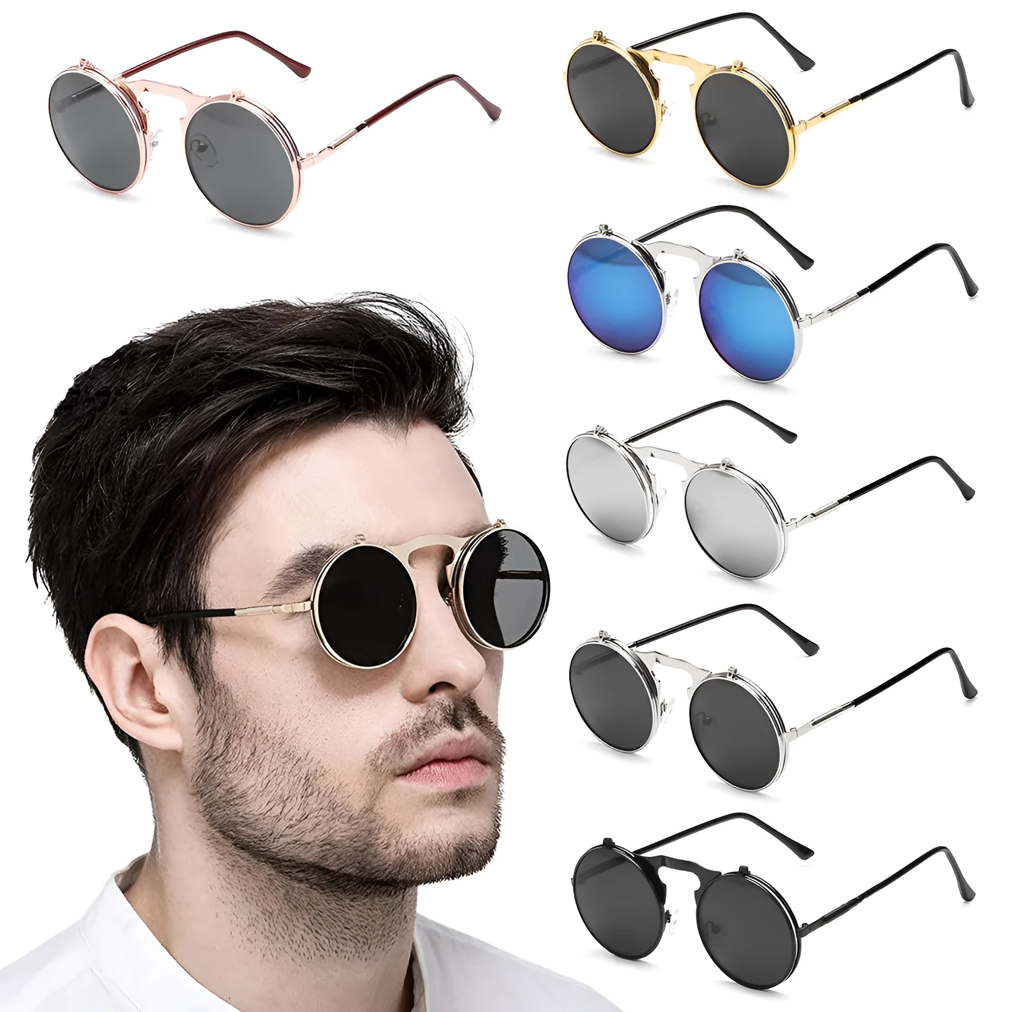 New vintage round steampunk sunglasses flip-up UV protection metal frame for men and women in gold and grey
