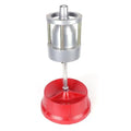 Portable aluminium hub balancer for car wheels with a bull's eye level and enamel-finished base.
