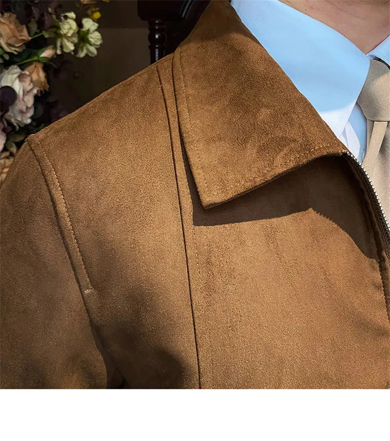 Men's suede coffee bomber jacket in dark brown with zip front and flap closure