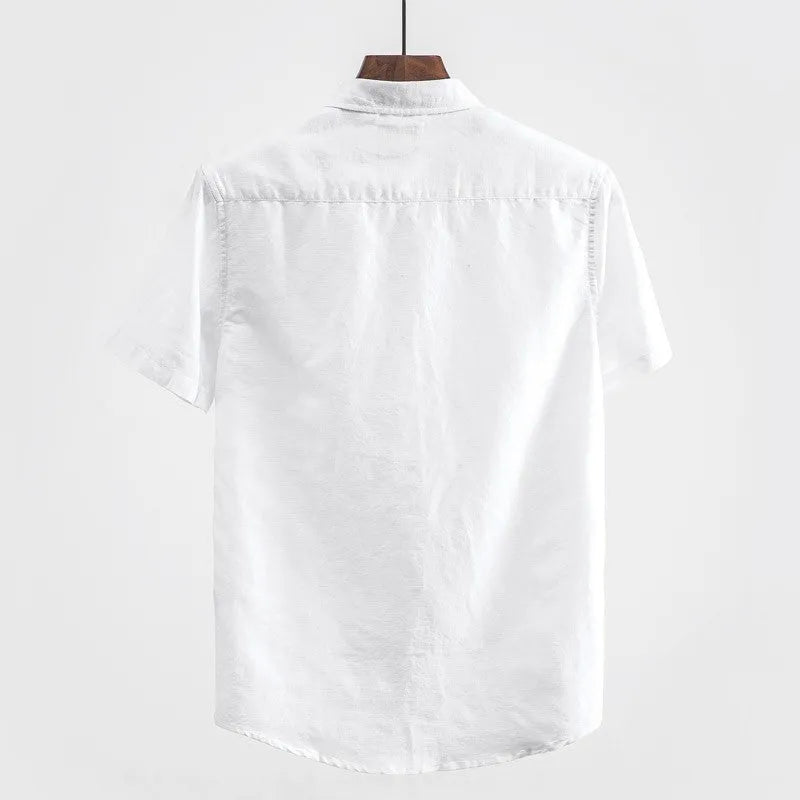 Men's light blue linen square collar casual short sleeve shirt laid flat