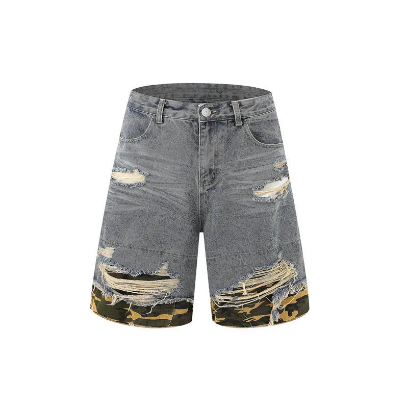 Leopard print denim short sleeve jacket and matching shorts set with raw cut edge stitching.