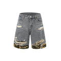 Leopard print denim short sleeve jacket and matching shorts set with raw cut edge stitching.