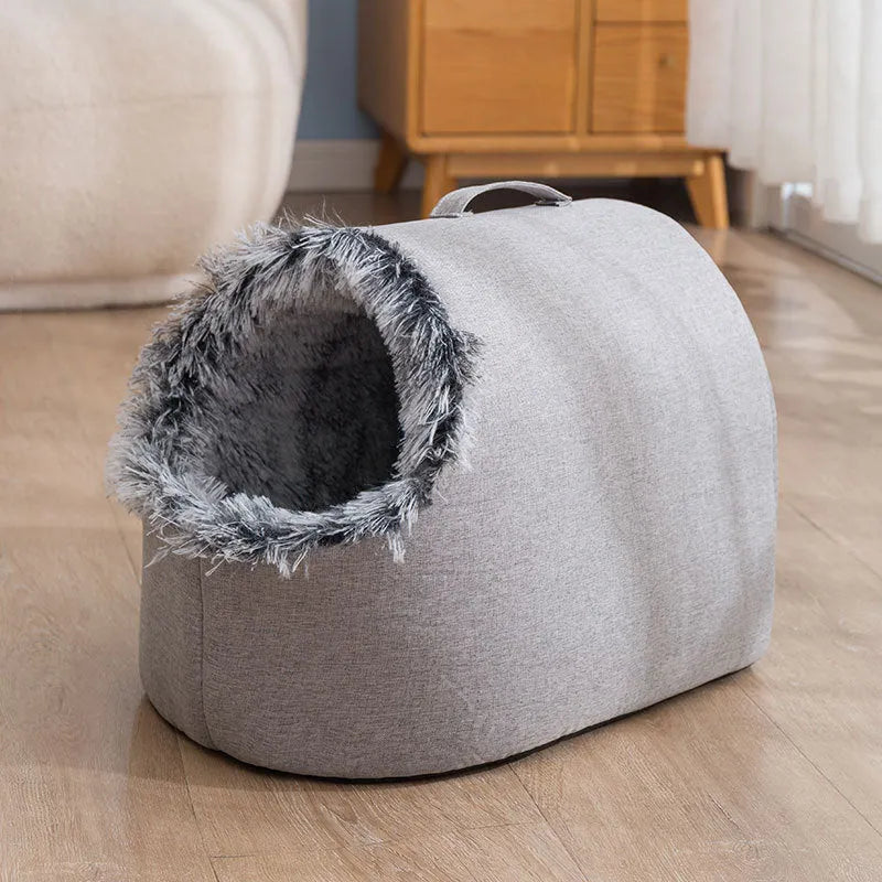 Grey fleece-lined enclosed cat sleeping bag bed for winter, shown next to brown colour option.