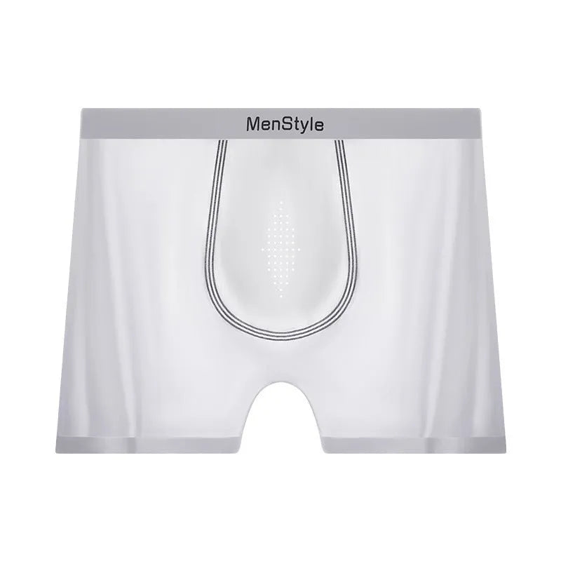 Men's seamless boxer shorts in satin ice silk nylon showing single-layer crotch construction