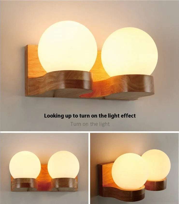 Solid wood spherical wall lamp with glass shade on a living room wall, single head