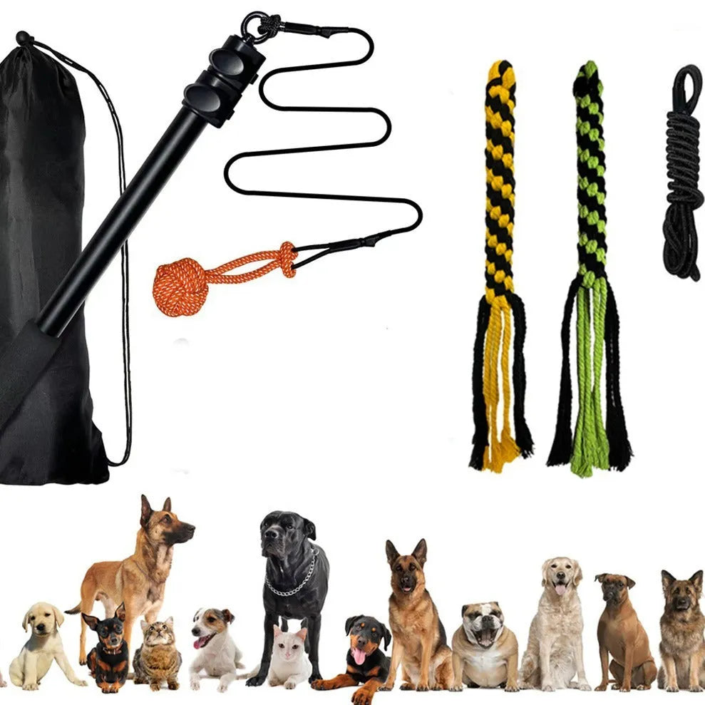 Black telescopic dog teasing rod with aluminium alloy shaft, two bite ropes and one ball, 102cm length