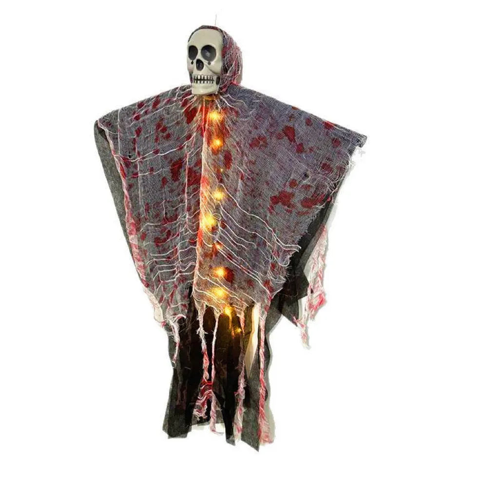 Plastic Halloween decoration of a luminous blood-dyed skull designed as a hanging ghost ornament.