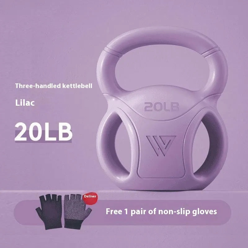 Pink kettlebell 10 lbs with gloves on wooden floor for home exercise