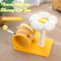Yellow bee-themed cat climbing frame with sisal scratching post and fabric tunnel