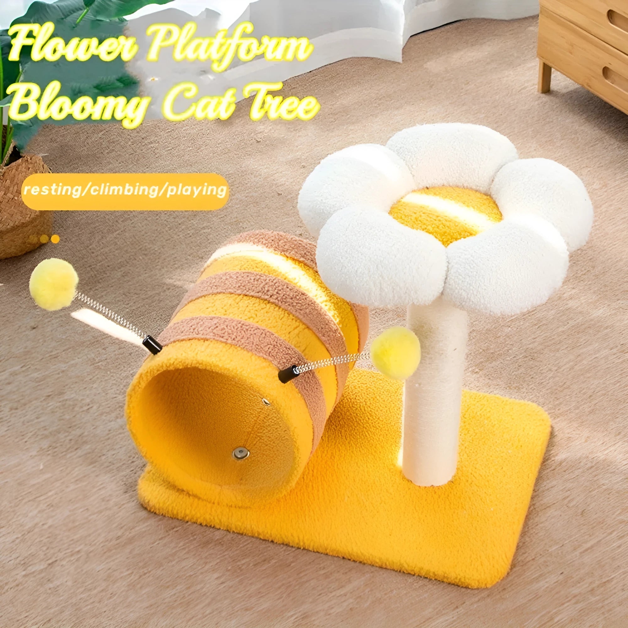 Yellow bee-themed cat climbing frame with sisal scratching post and fabric tunnel