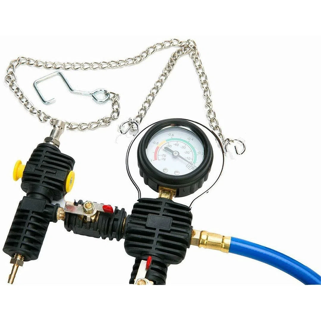 28-piece car water tank pressure leak detector kit in small blue box for cooling system diagnostics