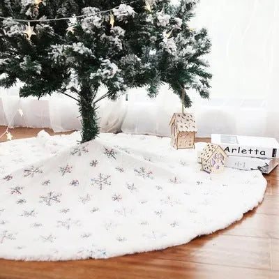 Christmas sequin embroidered tree skirt in silver on floor under decorated tree, 90cm or 122cm imitation rabbit fur polyester