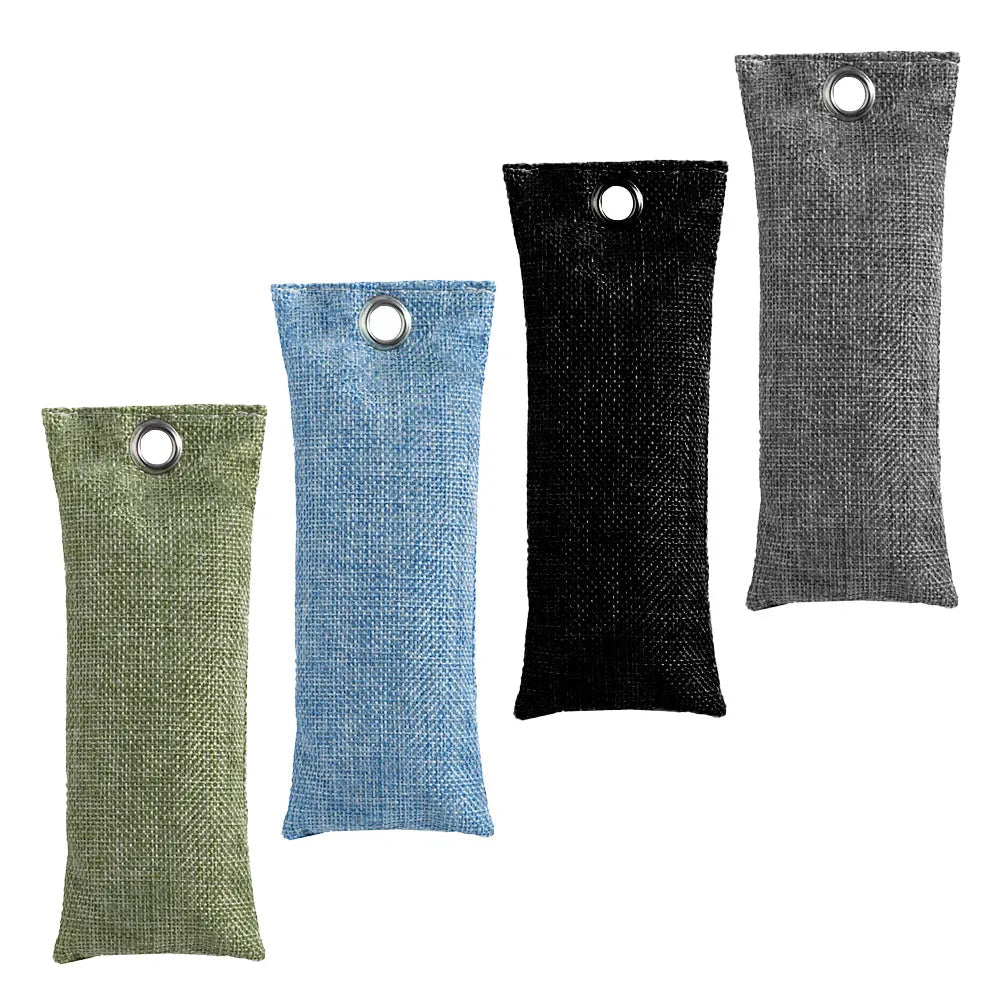 Black linen bag filled with bamboo charcoal for shoe and household odour removal.