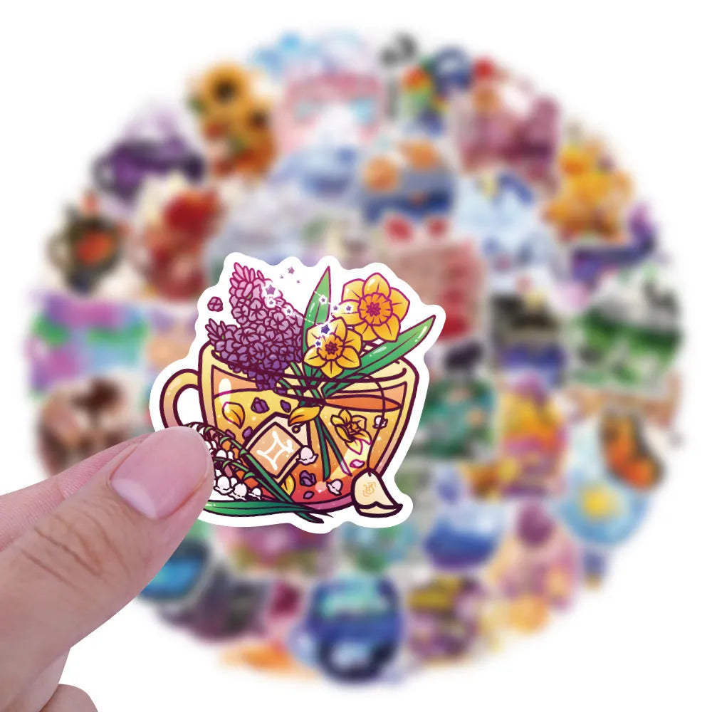 Colourful tea cup graffiti waterproof stickers in 50-piece set for luggage and scooter personalisation